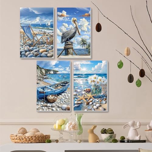 ICYANART 4 Pack Beach Paint by Numbers Kit for Adult Beach with Frame Easel