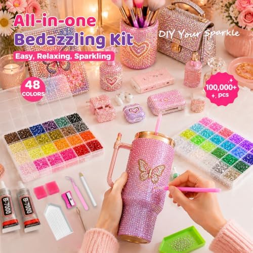 100,000Pcs 48 Colors Bedazzling Kit, 3mm Resin Jelly Flatback Rhinestones