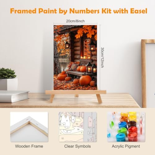 MOGTAA Fall Pumpkin Paint by Numbers Kit for Adults Beginners with Frame, Autumn Adult Paint by Number Kits on Canvas with Easel, Easy DIY Landscape Oil Painting Kits for Home Decor, 8x12in