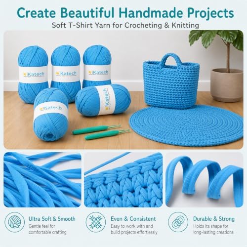 Katech 400g T-Shirt Yarn for Crocheting, Elastic Fabric Yarn for Bag-Blue