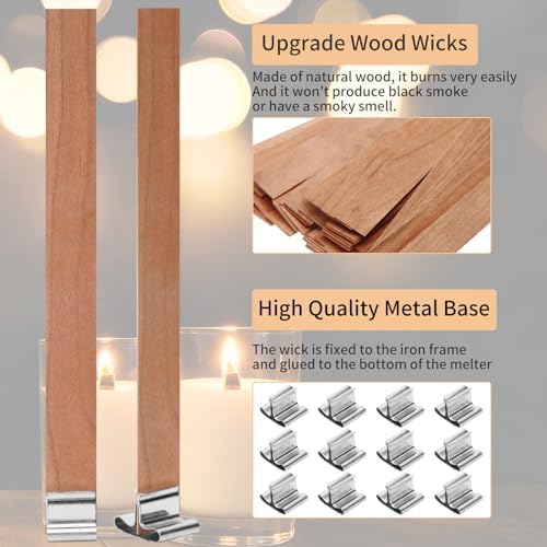 205 Pcs Candle Wicks Kit - 50 Wooden Wicks with Iron Stands, 100 Cotton Wicks & 100 Wick Stickers, Naturally Smokeless Cores for DIY Candle Making