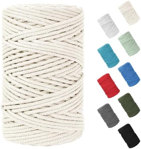 Macrame Cord 5mm x 109Yards (328Feet), Natural Cotton Macrame Rope - 4 Strands Twisted Macrame Cotton Cord for Wall Hanging, Plant Hangers, Crafts, Gift Wrapping and Wedding Decorations, Beige