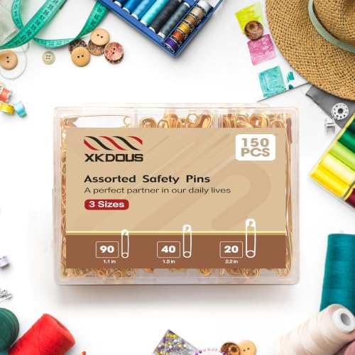 XKDOUS 150 Pack Safety Pins for Clothes 3 Universal Assorted Sizes, Gold