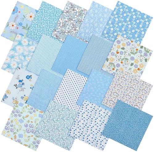 HunnmingRe 20 Pcs 10''x10'' Blue Flower Quilting Fabric Square Spring Floral Precuts Quilted Fabric Bundle Plaid Polka Dot Stripes Printed Sewing Material for Summer Patchwork DIY Craft Supplies