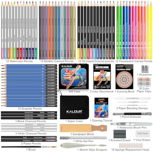 KALOUR PDAS 127 Drawing Set Sketching Kit, Pro Art Supplies with 3-Color Sketchbook & Coloring Book, Neon, Colored, Watercolor, Metallic, Graphite, Charcoal Pencils, Gift for Artists Adults Teens