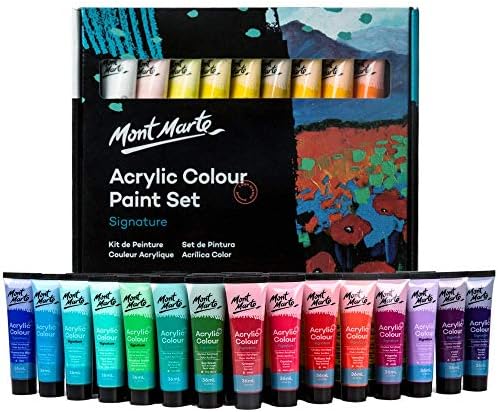 Mont Marte Acrylic Colour Paint Set Signature 36pc x 1.21 US fl.oz (36ml), Acrylic Paint Kit Ideal for Canvas, Wood, Air Dried Clay, Cardboard and More, Great Beginner Acrylic Paint Set, Includes 36 Colors