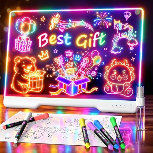 LED Drawing Board with 9 Light Effects, Rechargeable 16" Glow Doodle Note Message Board with Colors, Neon Light Up Drawing Pad Gift Ideas for Kids, Birthday, Christmas with Markers & Tracing Book