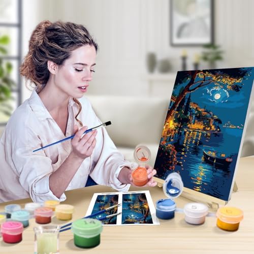 JOOZ Paint by Numbers Kit for Adults with Frame, Moon Paint by Number with Easel, DIY Town Lake Boat Paint by Numbers Landscape for Home Wall Decor 8 x 12 Inch