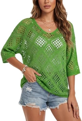 Womens Crochet Top Summer 3/4 Sleeve Cover Up V Neck Boho Tops