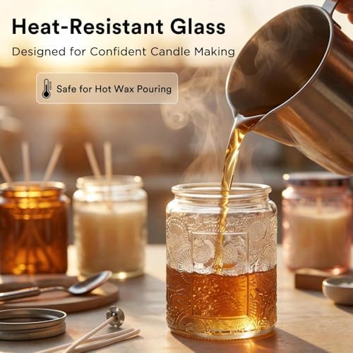 LumaCraft Luxury Embossed Glass Candle Jars for Making Candles - 12 Pack 8oz Empty Candle Containers with Airtight Metal Lids, 20 Wicks & 20 Stickers, Colored Glass Jars for Gifts & Decor