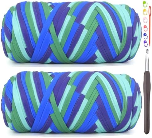 2 Pack Tshirt Yarn for Crocheting,Rainbow T Shirt Chunky Elastic Thick T-Shirt Crochet Yarn for Beginners Crocheting Hand Knitting Bag/Basket/Coasters/DIY Crafts/Home Decor 2 * 200G-Purple Blue Green