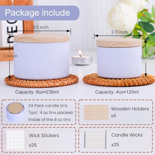 CONNOO 24 Pack - 12pcs 8oz & 12pcs 4oz White Candle Tins with Lids