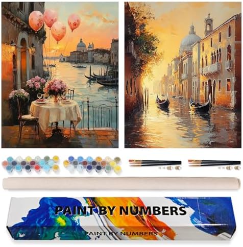 Possoco 2 Pack Paint by Numbers Kit for Adults Beginner, Sunset Venice Adult Paint by Number Kits on Canvas, DIY Landscape Acrylic Number Painting for Adults for Home Wall Decor Gift 16x20 Inch