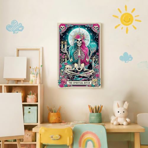 Spandrel Paint by Number Kits for Adults Witch Tarot, The Spiritual Bitch Skeleton Paint by Number Kits on Canvas, DIY Acrylic Oil Gothic Painting by Numbers Gitfs for Home Wall Decor, 8x12in