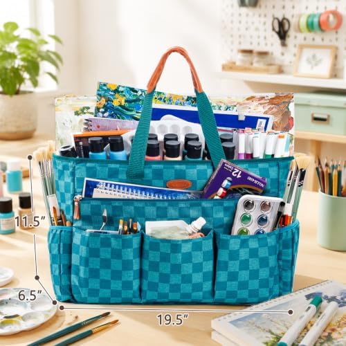 APOFFICE Large Craft Organizer Tote Bag with Multiple Pockets, Art Supply Storage Caddy with Removable Bottom Board and Shoulder Strap for Painting, Sewing, Scrapbooking and Classroom Supplies
