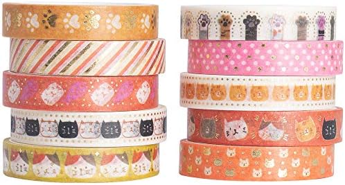YUBBAEX 10 Rolls Sparkling Washi Tape Set 8mm Skinny Gold Foil Decorative Masking Washi Tapes for Journal,Scrapbook, Planner, DIY Crafts (Sweety Kittens)