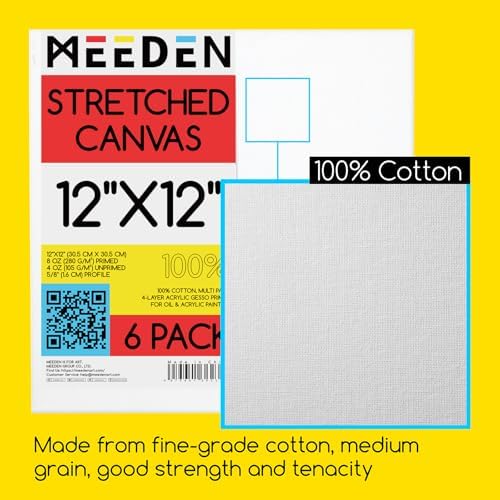 MEEDEN Stretched Canvas, 12 × 12 Inch, Pack of 6, Blank White Canvases for Painting, 100% Cotton, 12 oz Gesso-Primed, Pre-Stretched Canvas for Acrylic Oil Pouring & Airbrushing Painting