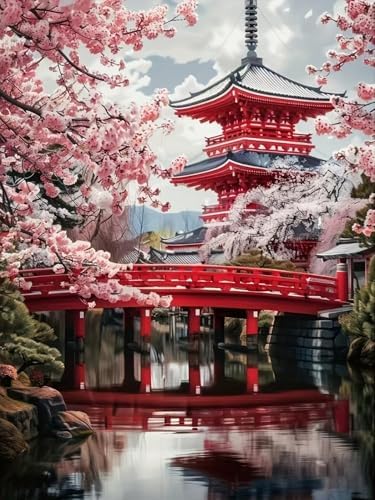 EIBEILI Plum Blossom Paint by Numbers Kit for Adults Beginner,Beautiful Temple Adult Paint by Number Kits on Canvas,Easy Canvas Paint by Numbers for Adults for Home Wall Decoration 12 X 16 inch