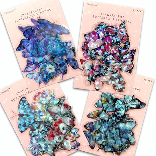 100 Pcs Holographic Butterfly Stickers, 4-Color Iridescent Transparent Vinyl Stickers for Water Bottles, Scrapbooking Supplies Journaling Laptop Decals, Waterproof Cute Bulk Pack for Adults