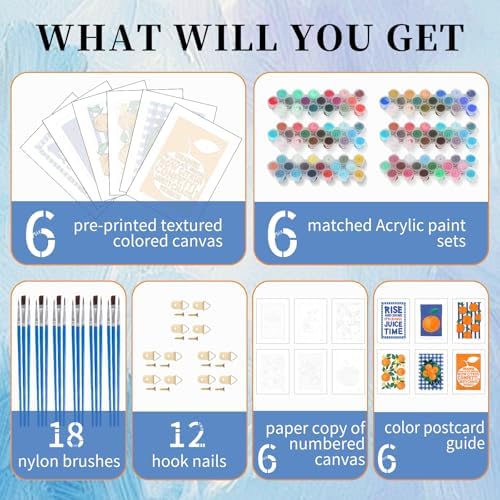 6 Pack Paint by Numbers Kit for Adults, Orange Number Painting, 8x12 Inch | DIY Adult Paint by Number Kits on Canvas for Beginners, without Frame, Kitchen Wall Decor, Stress Relief Craft Gift
