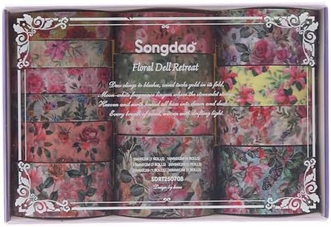 Floral Washi Tape Set - 15 Rolls Flowers Arts Adhesive Tapes Garden Blooms Decorative Masking Tape Sets for Craft, Kids, Scrapbook, DIY, Gift Wrloapping (6-Vintage Floral)
