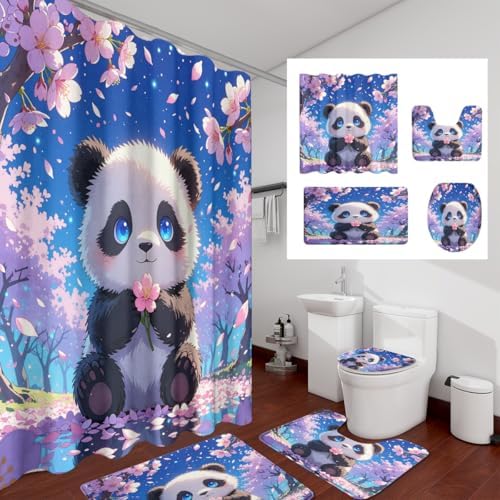 Funny Cute Baby Panda 4 Piece Shower Curtain Sets,Cartoon Anime Kawii Panda Bears Non-Slip Rugs,Toilet Lid Cover and Bath Mat,Japanese Cherry Blossoms Bathroom Decor Set