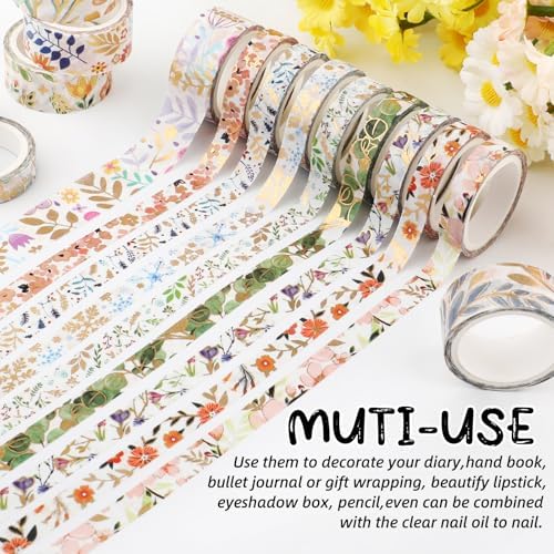 18 Rolls Gold Floral Washi Tape Set,15mm&7.5mmGold Foil Colored Floral Pattern Decorative Tape,Decorative Masking Tapes for DIY Scrapbook Design Journaling Handbook Making Card Wrap Craft Gift