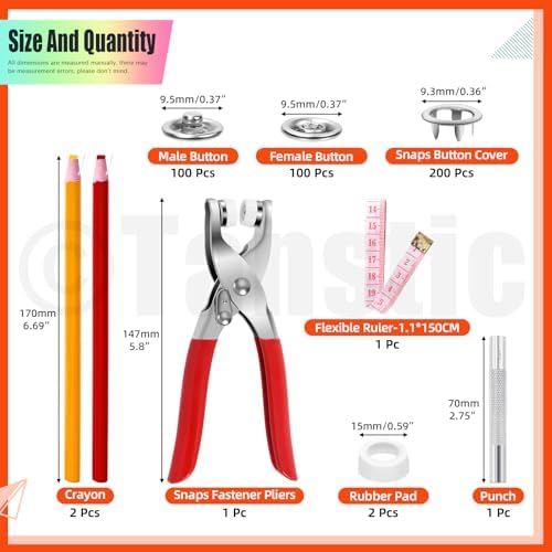 Tanstic 407Pcs (100 Sets) Snaps Buttons with Fastener Pliers Press Tool Kit, 9.5mm Silver Metal Snap Fasteners with Fastener Pliers, Punch, Soft Ruler, Peel-Off China Marker for Sewing (Hollow)