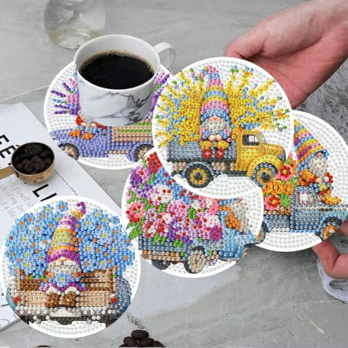 ijbnhd 8 PCS Gnome Diamond Art Coasters Kit 4X4inch (Cork Wooden Pad)