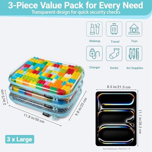 YQBRAO Clear Hard Shell Zipper Cases, 3 Large Travel Organizers, Blue