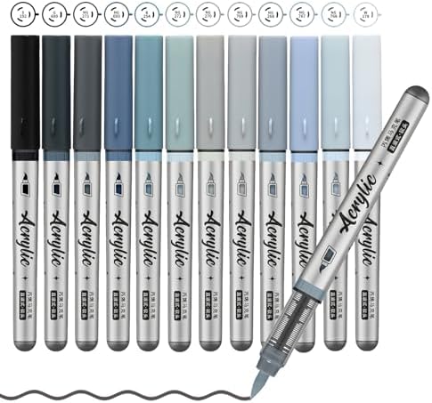 Grey Acrylic Paint Pens,12 Color Paint Pen Markers,Brush Tip Paint Pens for Rock Painting Wood Glass Ceramic Canvas Stone DIY Crafts Making Art Supplies