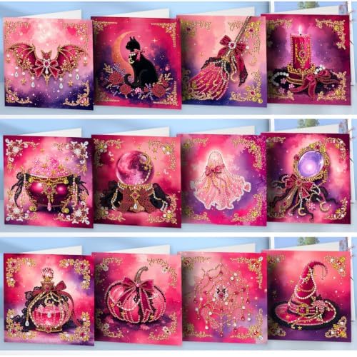 POETRYDRAW DIY Diamond Art Painting Greeting Card Kit, Creative Craft Set for Card Making，Pink Halloween
