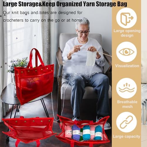 Knitting Bag Large Yarn Storage Organizer,Yarn Bags for Crocheting,Crochet Storage Bags for Crochet Hooks,Knitting Needles,Knit Bags Ideal Knitting & Crochet Gift(Red)