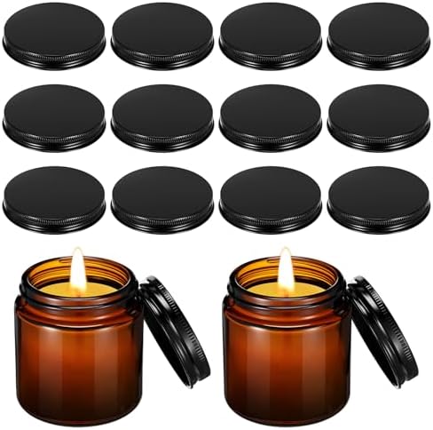 Nuanchu 12 Pack Candle Jar Cover Black Candle Lids Bulk Aluminum Metal Jar Lids Candles Topper Sleeve Twist-Lug Metal Screw Cap Lid for Candles Container Tins Works with Lug Lid Jars DIY Crafts