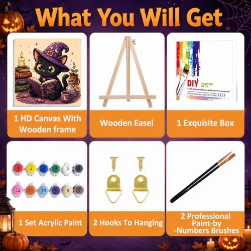 Mandun Halloween Cat Paint by Numbers Kit for Kids, 8x8 inch