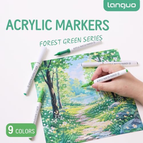 languo Acrylic Paint Markers, 9 Colors Forest Green Series, Soft Brush Tip
