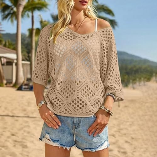 Bohemian Crochet Tops for Women 3/4 Sleeve V-Neck Open Knit Pullover Beach Cover Ups Hollow Out Boho Vacation Blouse
