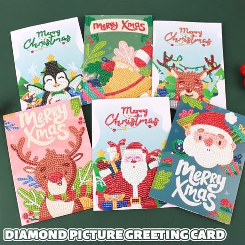 antor 6 Pack 5D Diamond Art Christmas Greeting Cards with Envelopes, DIY Paint with Diamonds Holiday Card Kits, Handmade Diamond Painting Cards Crafts Xmas Gift for Friends and Family