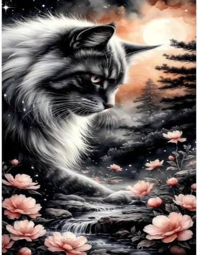 Black Cat DIY Diamond Painting Kits for Adults, Moonlight Stream Diamond Art Kits for Beginners, 5D Cat Full Drill Diamond Dot Painting Gem Art Kits for Home Wall Decor 12 x16 Inch