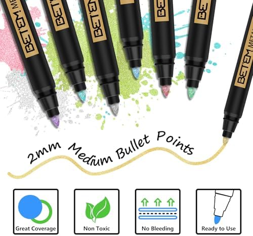 Betem Metallic Paint Markers, 18 Colors Acrylic Metallic Markers for Black Paper, 2mm Medium Tip Glitter Pens Scrapbooking Supplies, Teacher Appreciation Gift, Rock, Photo Albums, Card Making Kit