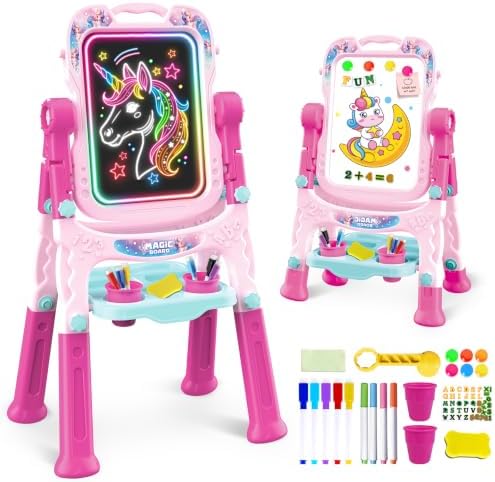 2-in-1 LED Drawing Board, Art Easel for Kids – Adjustable Double-Sided Rotatable Art Easel with Painting Accessories, Preschool Learning Toy for Girls Aged 3-5, Perfect Christmas, Birthday Gift (Pink)