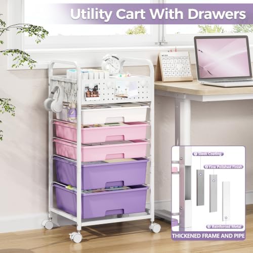 5 Drawer Rolling Storage Cart with Pegboard Top and Hooks, Dreamy Color