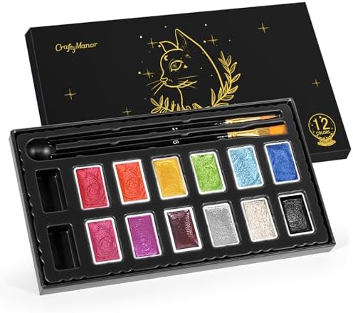 CraftyManor Mini Glitter Watercolor Paint Set with Paper, 12 Colors Shimmer Metallic Watercolour Painting Sets, Solid Pearl Water Color Paints for Adult(3ml 12 Colors)