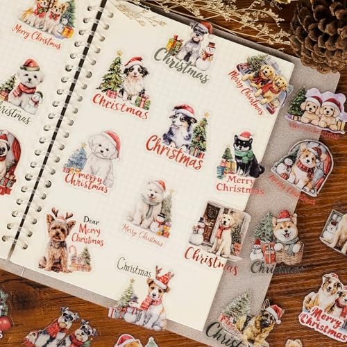 56 Pcs Cute Christmas Dog Stickers, Clear Waterproof Scrapbook Stickers with Santa Hat & Gifts, Adorable Puppy Holiday Decorative Decals for Journals, Crafts Cards Making