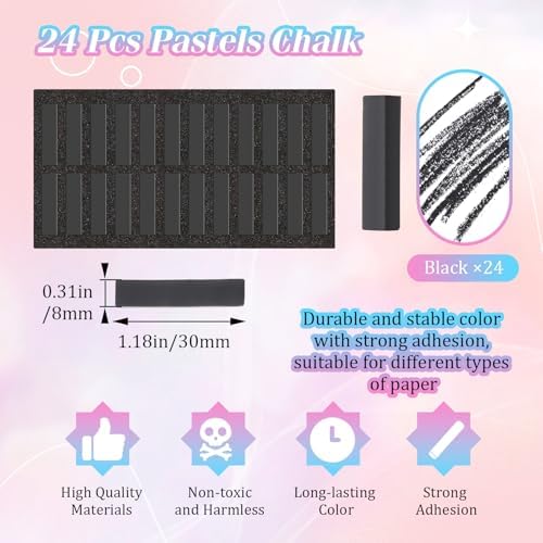 Watersay 24 Pcs Soft Pastel Drawing Chalk Set Square Sketch Chalk Non-toxic Artist Pastel Sticks for Professional Artists and Art Lovers(30 x 8 x 8 mm,Black Color)