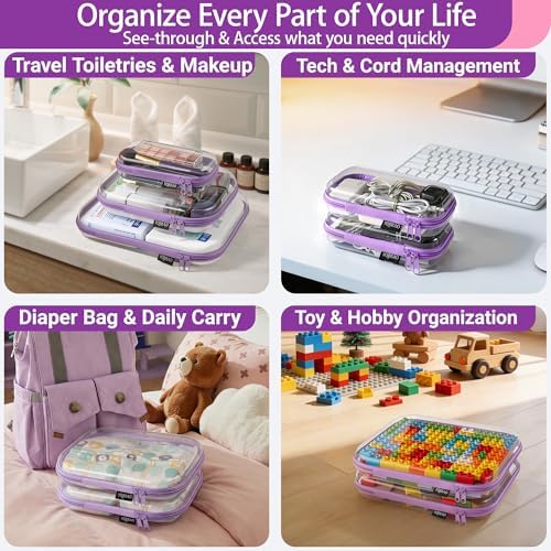 YQBRAO Clear Hard Shell Zipper Cases, 4 Medium Makeup Organizers, Purple