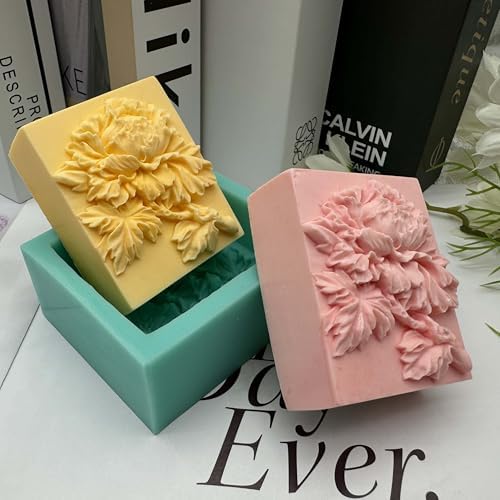 3D Peony Soap Mold Rectangle Delicate Flower Silicone Soap Molds for Soap Bar Making Lotion Bar Scented Candle Aromatherapy Plaster Mould Cake Decoration Fondant Ice Cube Moulds
