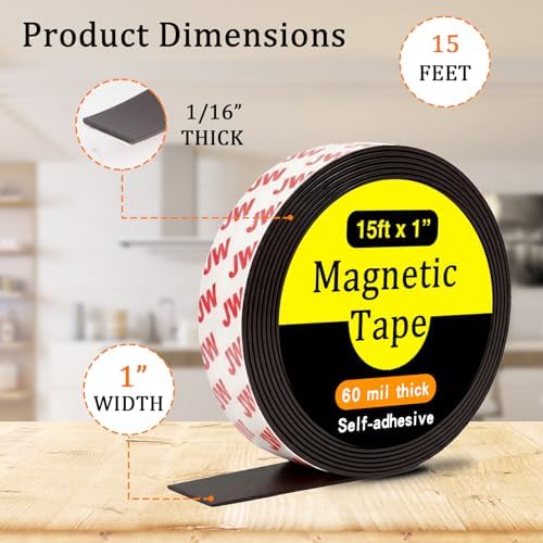 Magnetic Tape, 15 Feet x 1 Inch, Flexible & Self-Adhesive