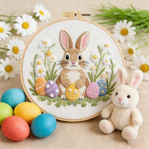 BoAn Rabbit Embroidery Kit for Beginners, DIY Cross Stitch Kit with Hoop