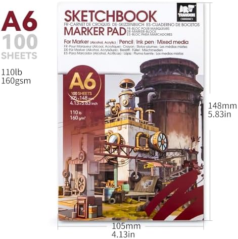 TRANSON A6 Mini Sketchbook Marker Pad, 110lb/160gsm Heavyweight Art Paper, No Bleed Through, 100 Sheets/200 Pages 4.13"x5.83" for Drawing & Sketching